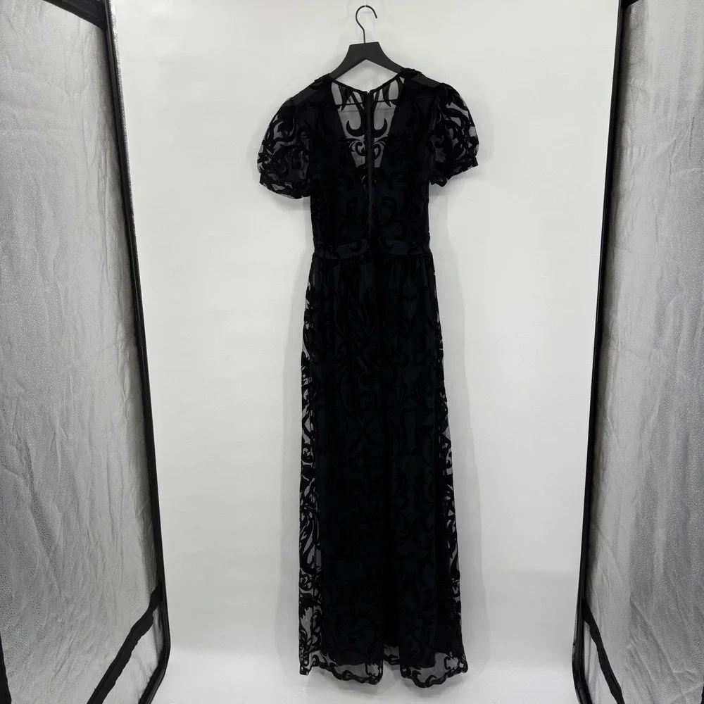 Windsor Black Velvet Burnout Mesh Maxi Dress‎ Short Sleeve V Neck S - Picture 2 of 16